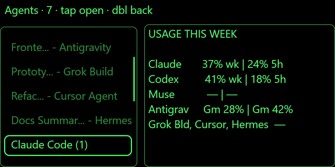 MyAgents on the G2 display: the agents list with the Claude Code desktop sessions selected