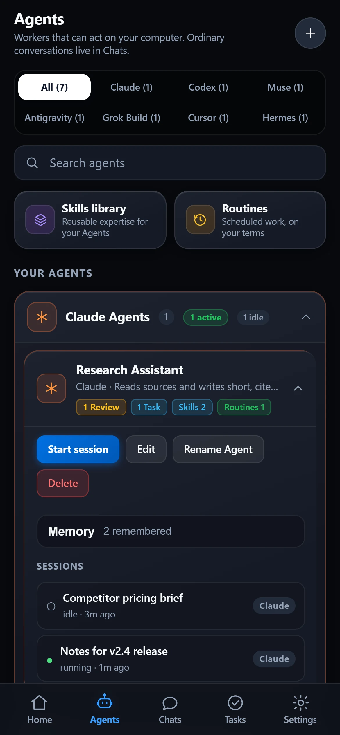 An agent card in MyAgents: Research Assistant with Start session, its Skills, memory and two sessions