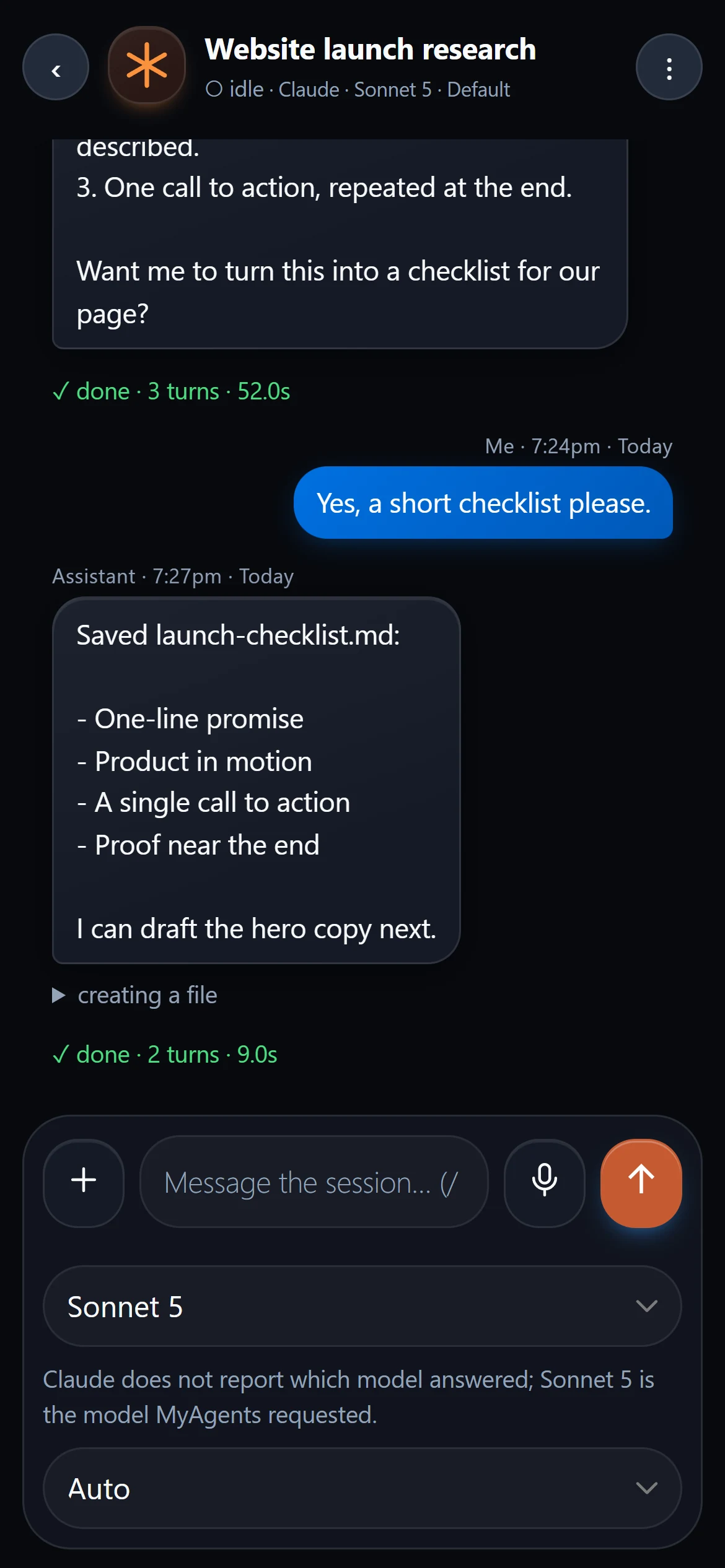 The same session open in MyAgents on a phone, showing the earlier messages and a message box to continue