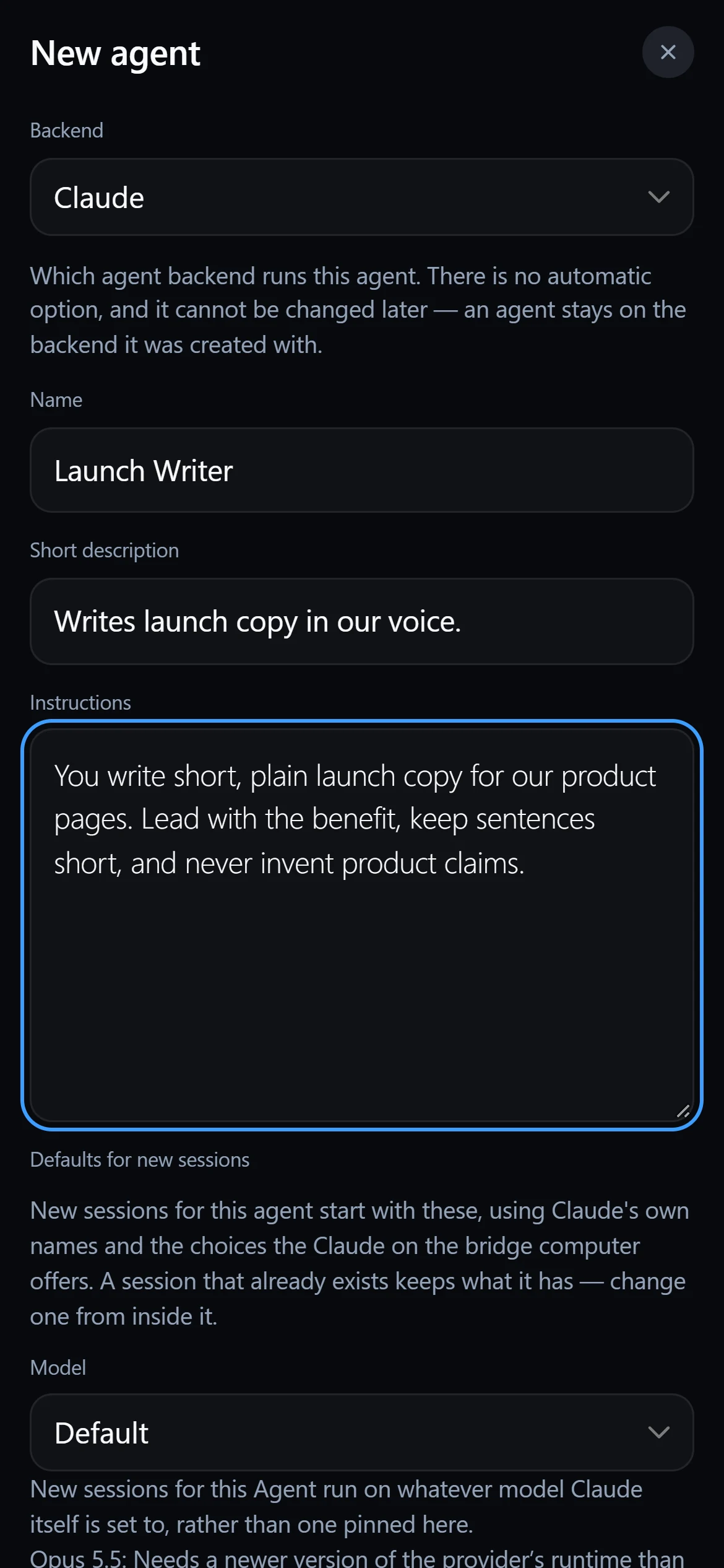 The New agent form in MyAgents: backend Claude, name Launch Writer, a short description and instructions