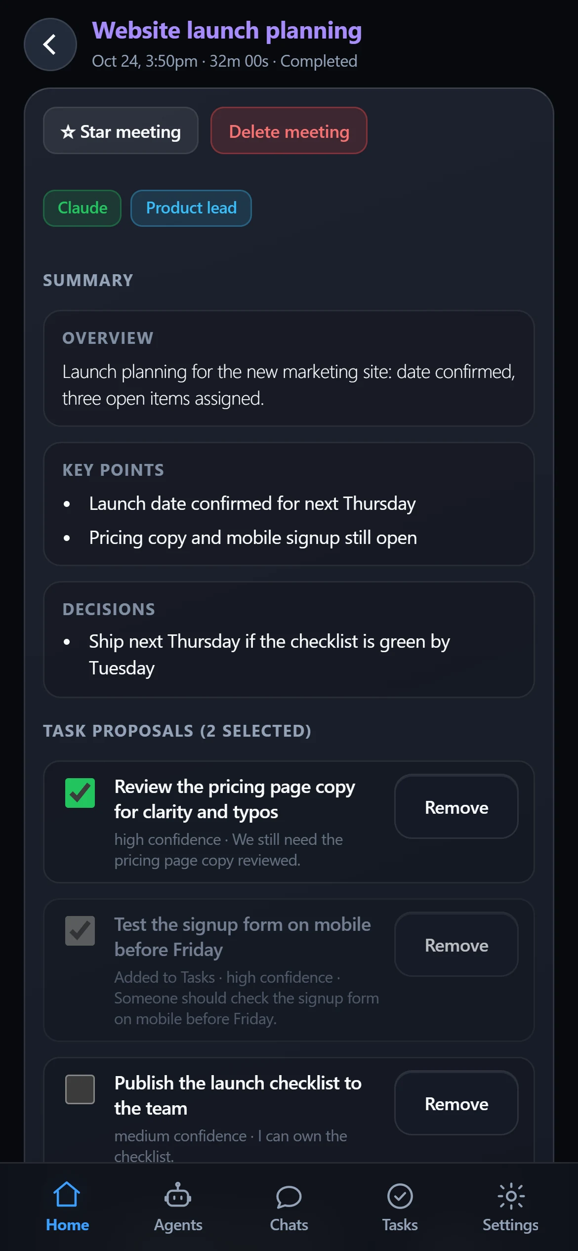 A meeting in MyAgents with its summary and suggested follow-up tasks to choose from