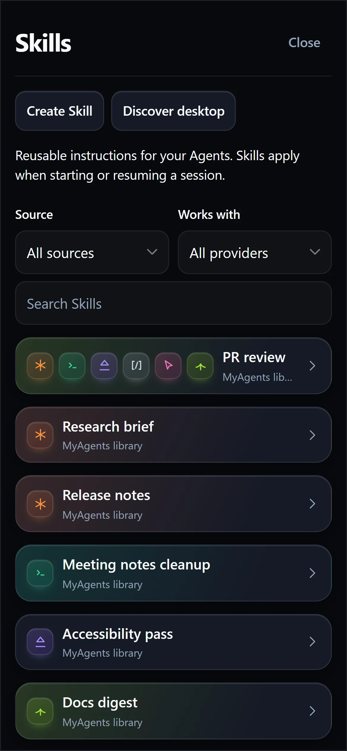 The MyAgents Skills library with provider compatibility badges on each Skill