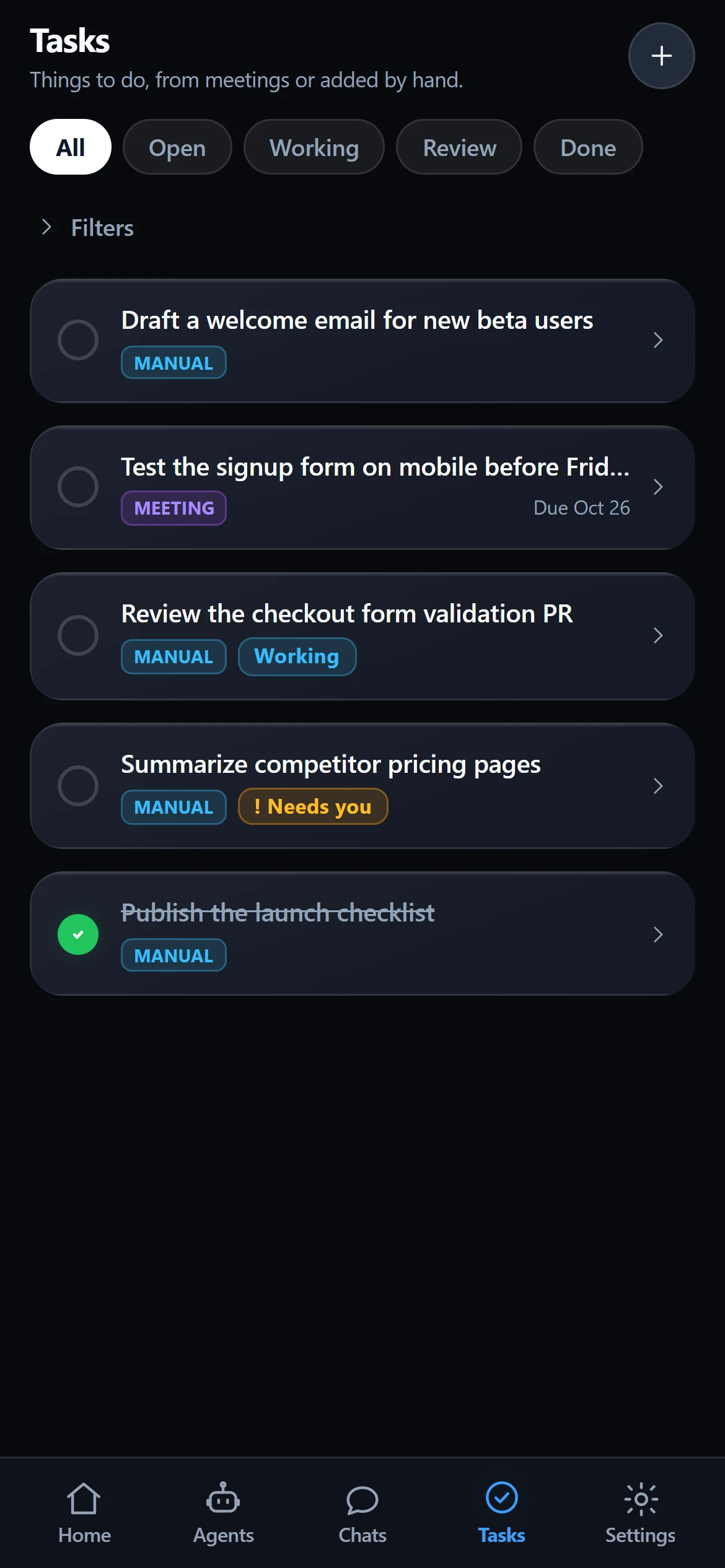 The MyAgents Tasks list with tasks in Open, Working and Review