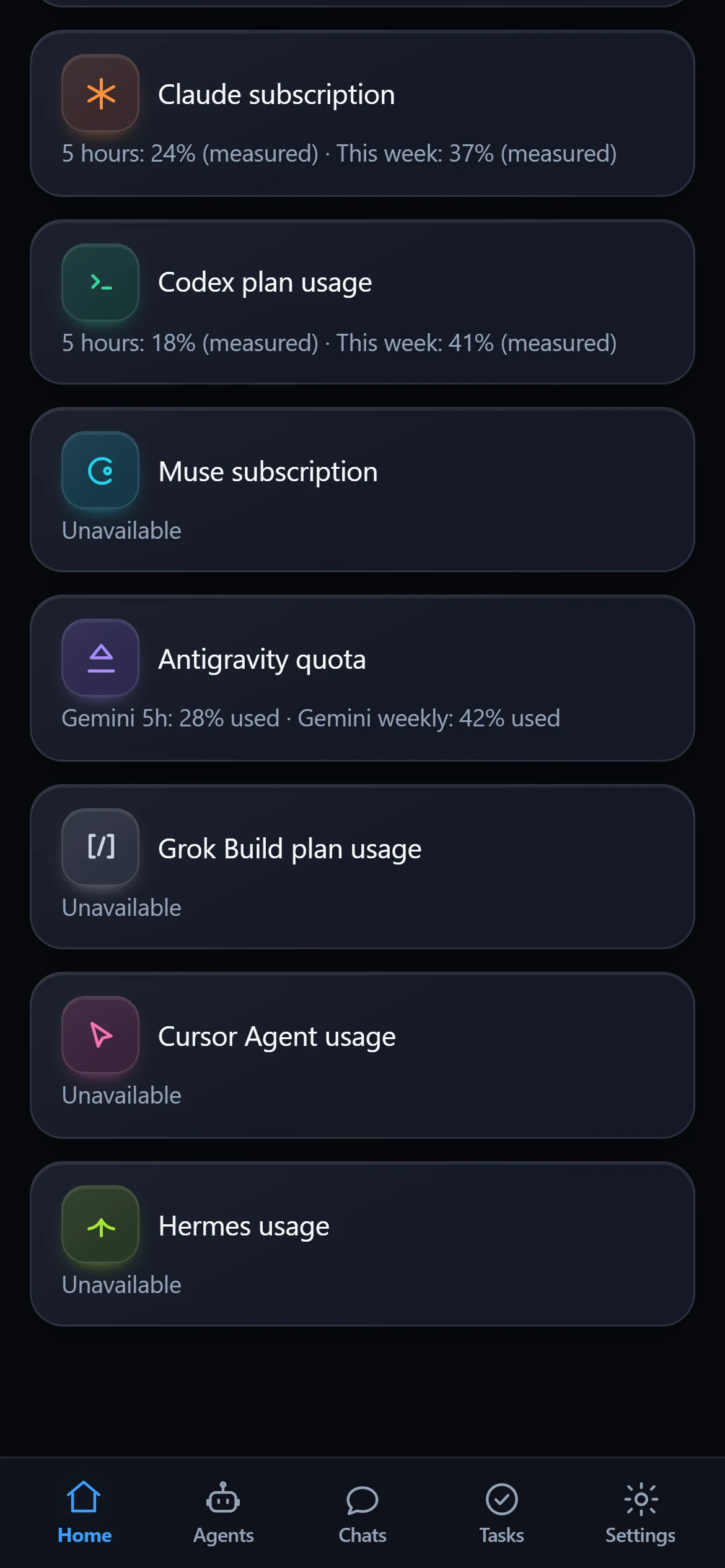 The MyAgents Usage screen: plan usage for providers that report it, and unavailable for those that don't