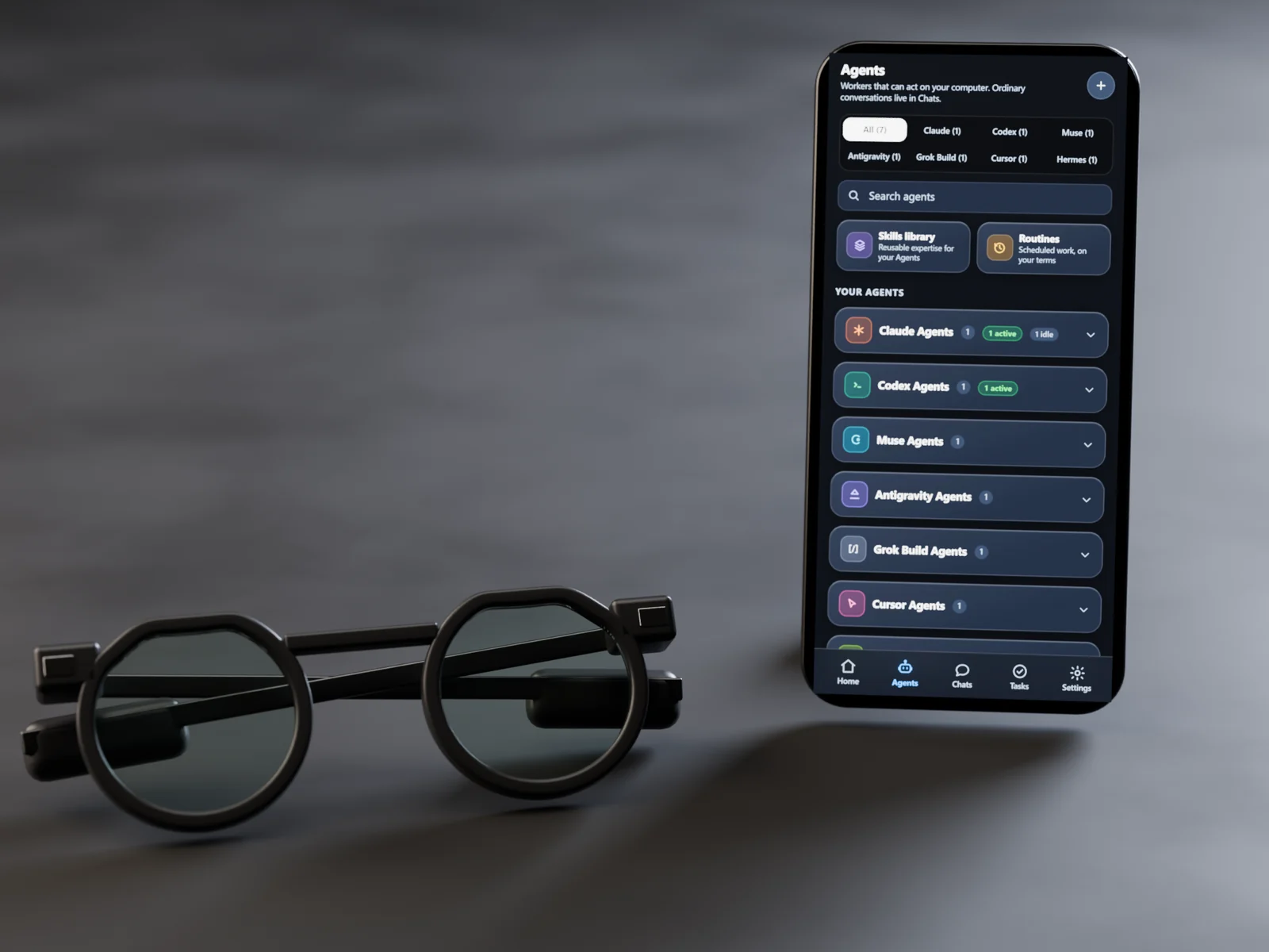 A phone showing the real MyAgents Agents screen with its seven provider groups, beside Even Realities G2 smart glasses